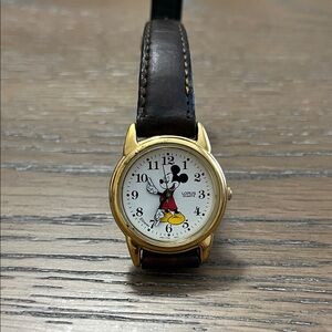 Mickey Mouse Lorus Watch Gold Tone with Brown Leather Band